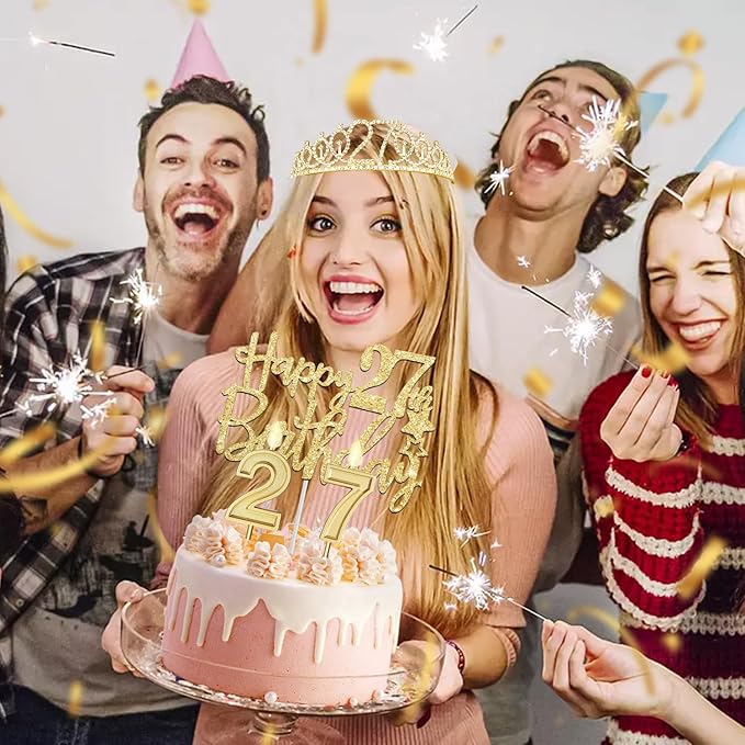 27th Birthday Decorations for Women Gold Set with 27th Birthday Tiara and Sash, Cake Topper and Candles, Number Balloons, 27 Year Old Gifts for Women