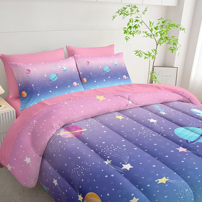 7Pcs Comforter Set Space Planet Multi Color Gradient Printed Bedding Set with 1 Comforter,1 Flat Sheet,1 Fitted Sheet and 4 Pillowcases for Boys and Girls Bedroom All Season(Queen)