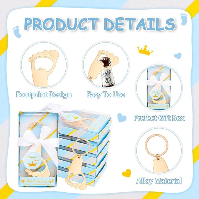 24Pcs Baby Boy Foot Keychain Footprint Bottle Openers Footprint Keychain Bottle Opener Small Foot Bottle Opener Keychain Baby Shower Return Gift for Party Favors with Blue Boxes (baby feet)