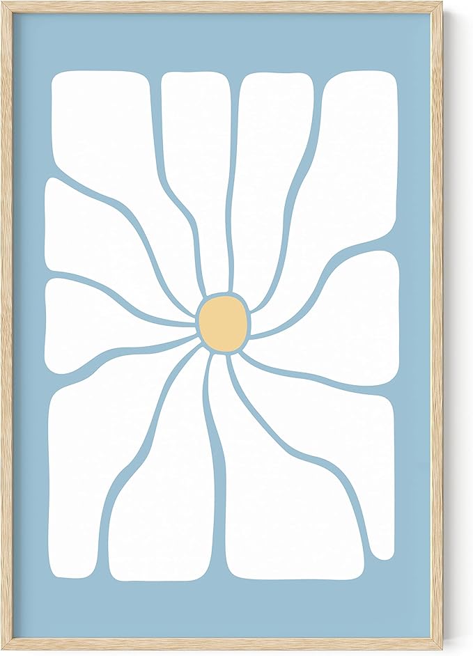 HAUS AND HUES Blue Daisy Wall Art – Indie Aesthetic Posters, Trendy Room Decor, Danish Pastel Prints, Blue Wall Art (Beige Frame, 24x36)
