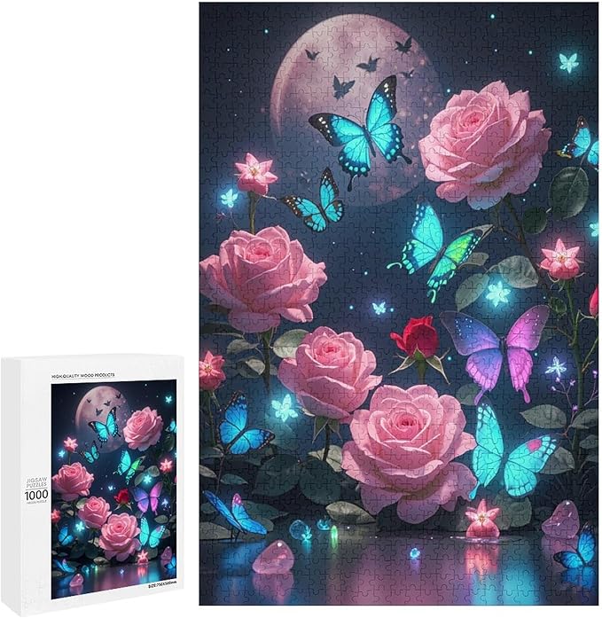 Wooden Puzzles 1000 Piece，Butterfly and Rose Themed Jigsaw Puzzles Challenge Puzzles，Educational Games，Family Puzzles，Unique Gifts for Wall Art，Funny Puzzles