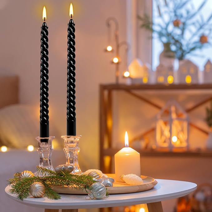 10 Inch Black Spiral Taper Candle Set, 12 Pack Unscented Dripless Candlesticks for Halloween,Dinner,Party Brithday Wedding and Home Decoration