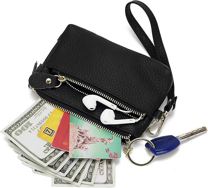 Genuine Leather Coin Purse for Women with Large Opening & Wrist Strap Navy (Black)