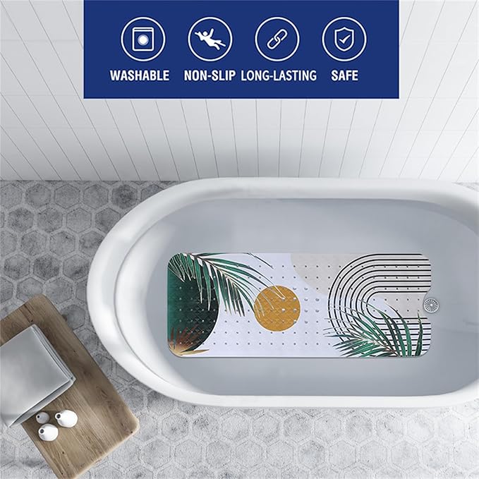 Bathtub Mat Non Slip Boho 40x16in Palm Leaves Extra Long Bohemia Bath Mat for Tub Abstract Art Anti Slip Shower Mat for Bathroom with Large Drain Holes and Suction Cups Quality Bath Mats Decor