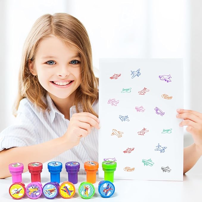 Cinrobiye 24 Pcs Airplane Stampers for Boys Girls, Aviation Party Supplies Favors, Classroom Rewards, Carnival Prizes, Goody Bag Pinata Fillers for Let’s Fly Travel Party