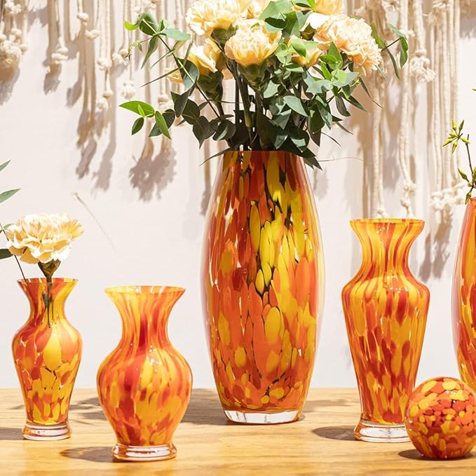 Ca D Oro Glass Vase Orange/Yellow Confetti Hand Blown Murano-Style Art Glass for Flower and Decor - Model Oliva G