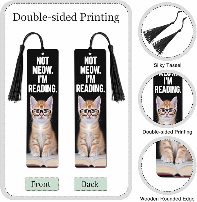 Funny Cat Bookmarks 5 Pcs Cute Animal in Glasses Black Wooden Bookmark with Tassels for Reading Book Lovers Gift Office School Readers Teacher
