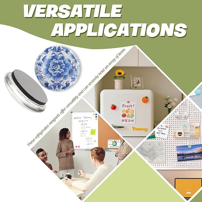Fridge Magnets 6 Pcs Blue and White Flower Tapestry with Delicate Details Round Strong Magnetic Glass Small Refrigerator Magnet,Home Decoration for Office Whiteboard,Classroom,Cabinet and Dishwasher