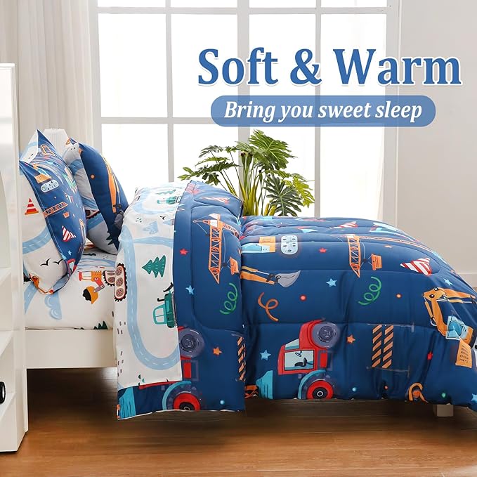 6 Pcs Bed in A Bag Twin Comforter Set for Boys,Construction Excavator Comforter,Truck Bedding Sets with Sheets for Kids