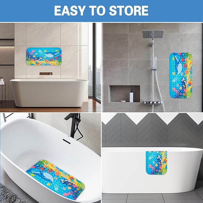 Kids Bath Mat with Ocean Theme Design, 27.6 X 13.8 inches, Non-Slip with 140 Suction Cups, Cartoon Sea Animals Pattern (Small Whale + Dolphin, 27.6 X 13.8in)