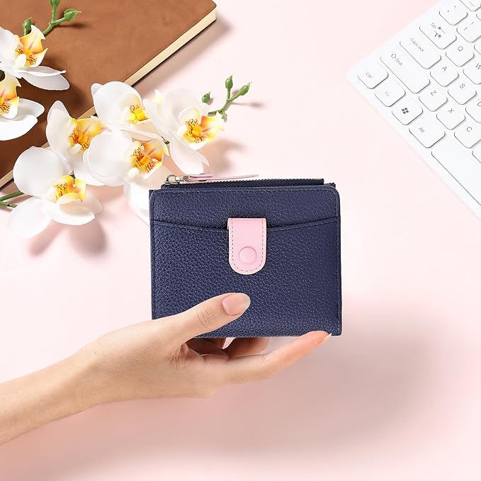 SENDEFN Small Wallet Women Leather RFID Blocking Bifold Zipper Pocket Card Holder with ID Window