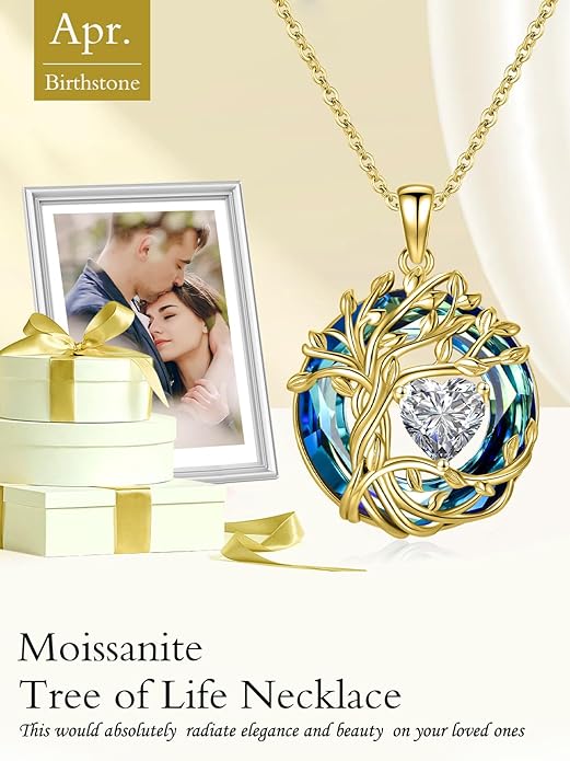 TOUPOP Tree of Life Birthstone Necklace 925 Sterling Silver Pendant Austrian Crystal Jewelry Anniversary Valentine's Day Birthday Gifts for Women Mom Her Wife