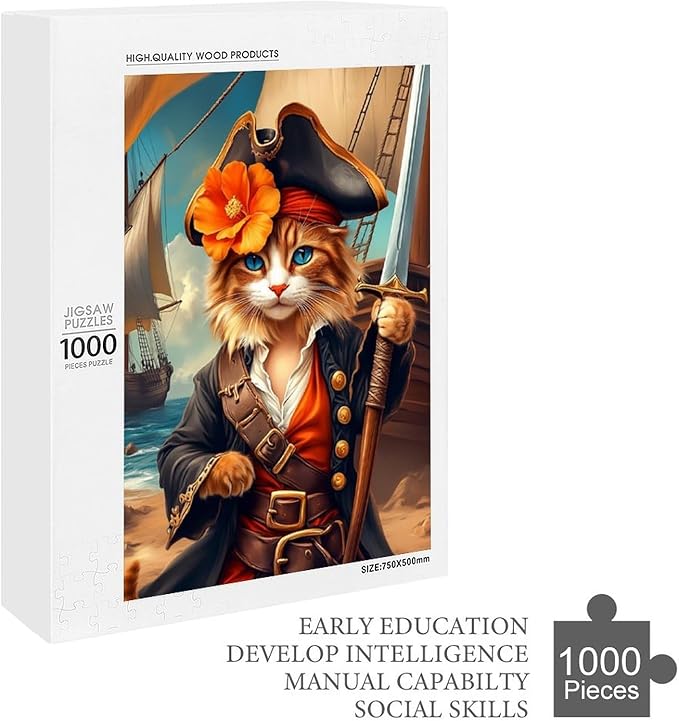 Wooden Puzzle - Classic Pirate Cat Leader Jigsaw Puzzles，Wooden Puzzles for Adults 1000 Pieces Challenge Puzzles，Educational Games，Family Puzzles，Unique Gifts for Wall Art