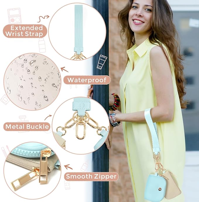 Dual Pouch Wristlet Keychain Wallets for Women with 2 Detachable Zipper Coin Purse - Small and Portable Mini Card Wallet for Women Men Gold Hardware Ice Blue+Khaki