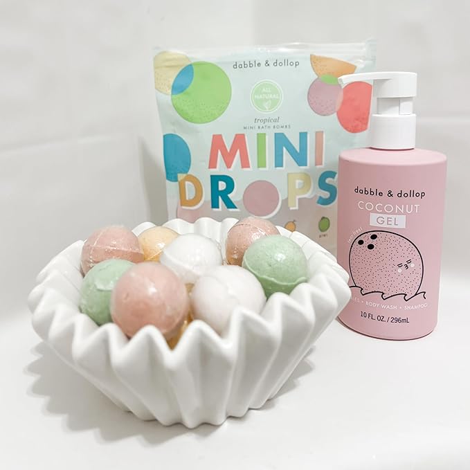 Dabble & Dollop Tropical Mini Bath Bombs & Coconut Shampoo, Body Wash and Bubble Bath for Kids - All Natural Scents, Resealable Pouch, Vegan, Gluten-Free, Cruelty-Free (Pack of 2)