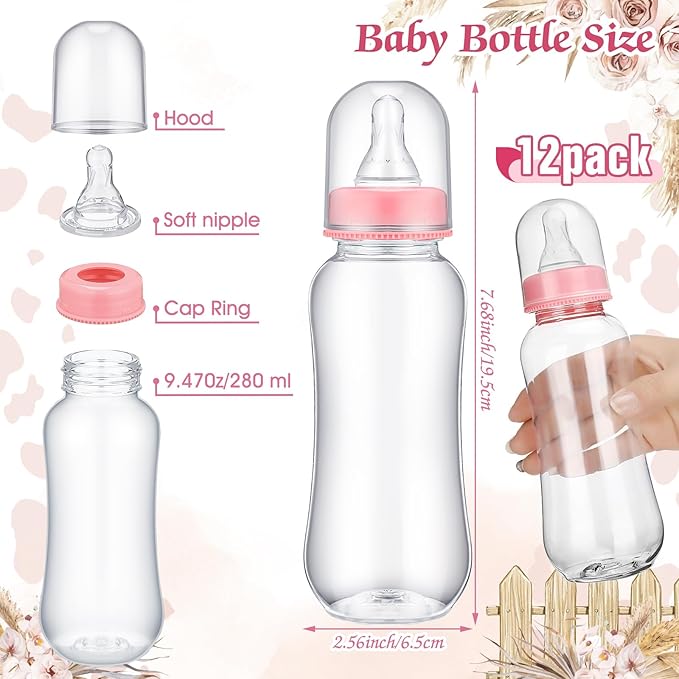TrelaCo Cool Baby Shower Games Bottle Chug Sign and 12 Pcs Baby Bottle Shower Favor Baby Bottles for Baby Shower Games Gender Reveal (Highland Cow)