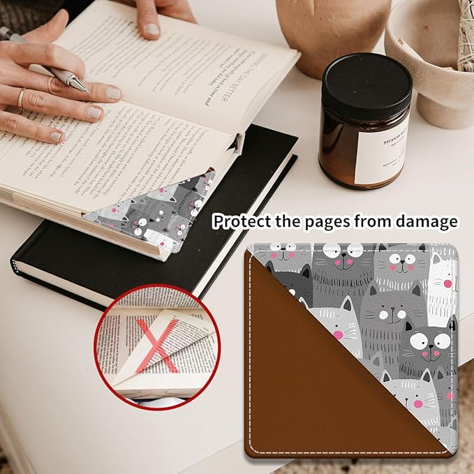 Cute Leather Bookmarks, Fun Triangle Making Corner Bookmark, Book Accessories for Reading Book Lovers, Unbreakable Page Markers for Women Men Cute Grey Cats