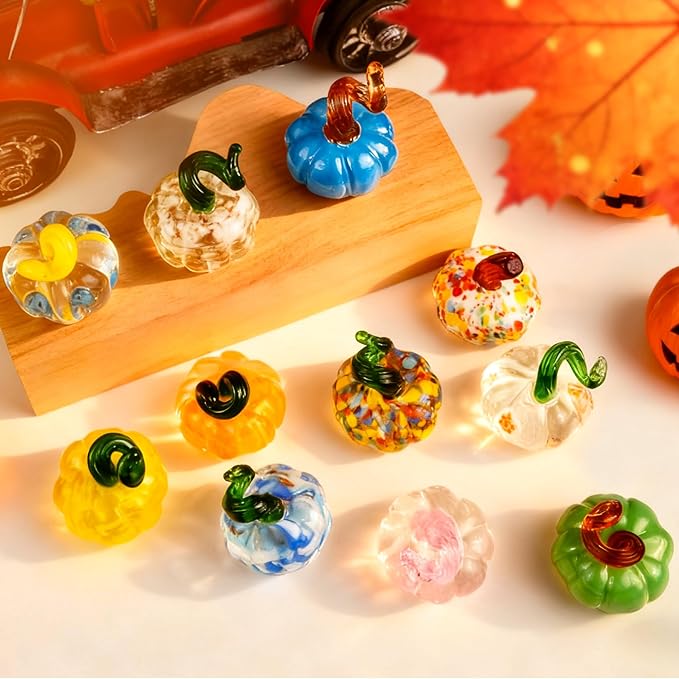 12PCS Glass Pumpkins Figurines for Halloween Thanksgiving Fall Harvest Christmas Decoration, Small Crystal Glass Art Pumpkin Paperweight Gifts