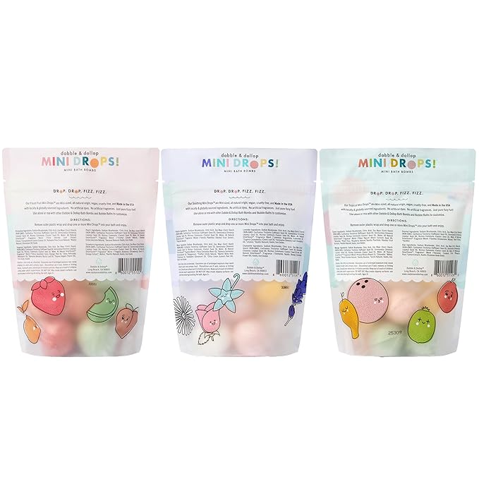 Dabble & Dollop Mini Bath Bombs, 100% Natural Droplets for Kids, Variety Pack - Resealable Pouches, Fizzy, Moisturizing & Fun, Vegan, Gluten-Free, Cruelty-Free (Set of 36)