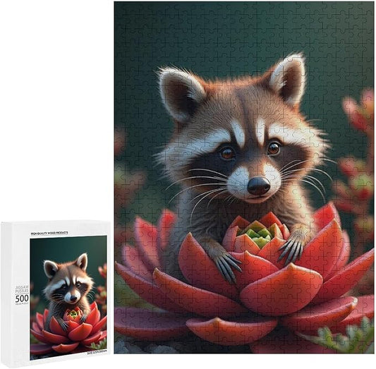 Puzzles for Adults 500 Pieces Wooden Jigsaw Puzzle - Succulent & Cute Raccoon Theme Puzzle，Party Games，Family Toys，Educational Puzzles，Stress Relief Wooden Puzzle，Gifts for Family and Friends