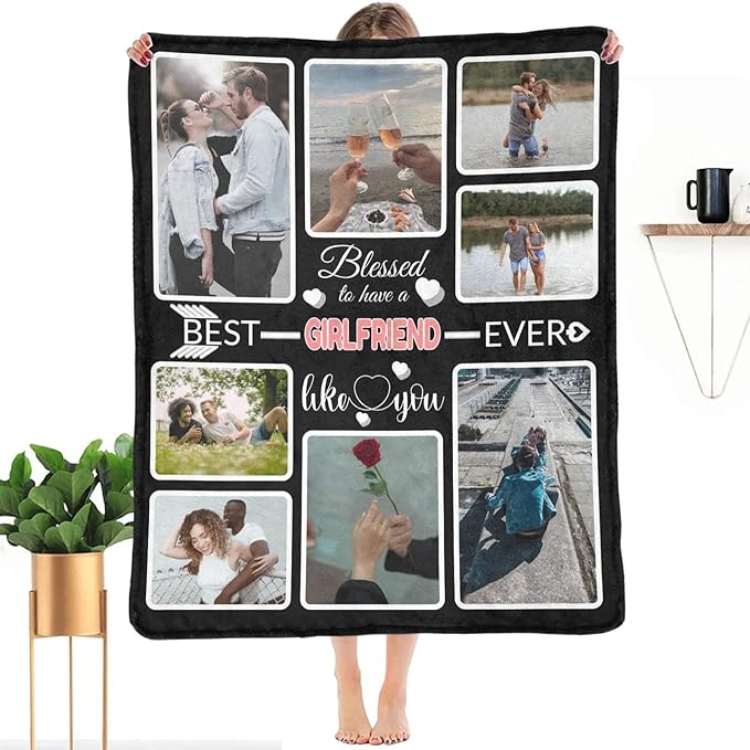 Custom Blanket Gifts for Girlfriend, Customized Blankets with Photos, Make a Personalized Bed Throws, Custom Souvenir Throw Blanket for Best Girlfriend Ever, 8 Collages Made in USA