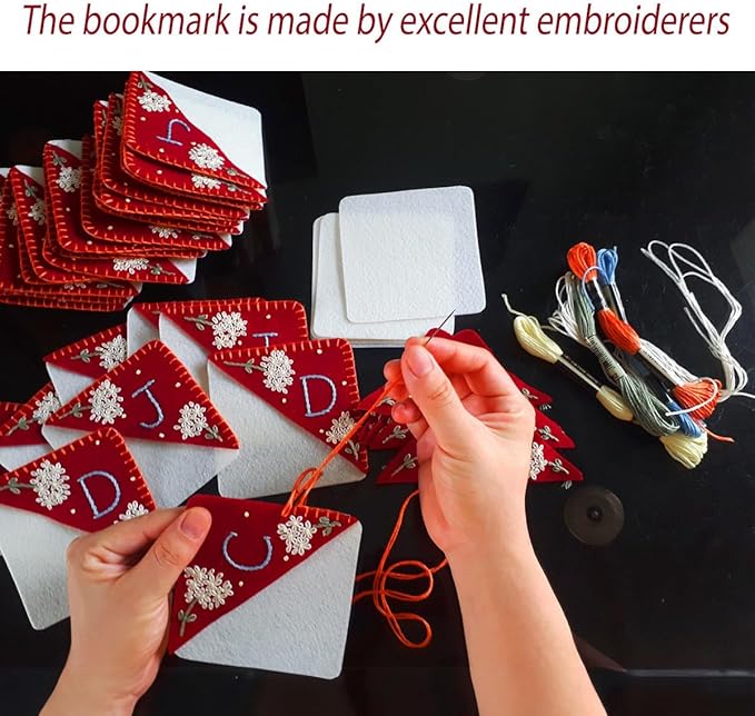 Personalized Hand Embroidered Corner Bookmark, Cute Flower Book Mark, Hand Stitch Gift for Women Book Lovers by HNQCPCVU (L, RED)