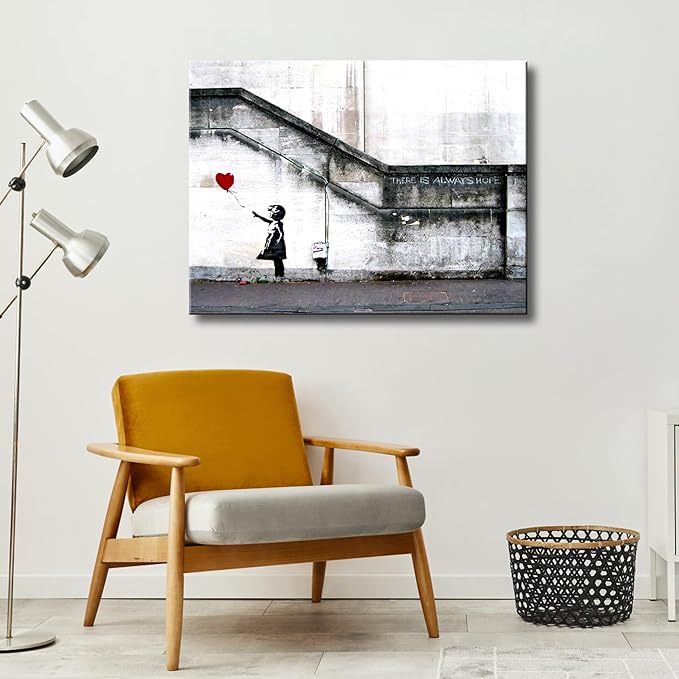 Wieco Art Canvas Paintings Wall Art Banksy Grafitti Girl with Red Balloon Grey Large Love Canvas Prints Pictures Modern Gallery Wrapped Inspirational Artwork Ready to Hang for Home Office Decor