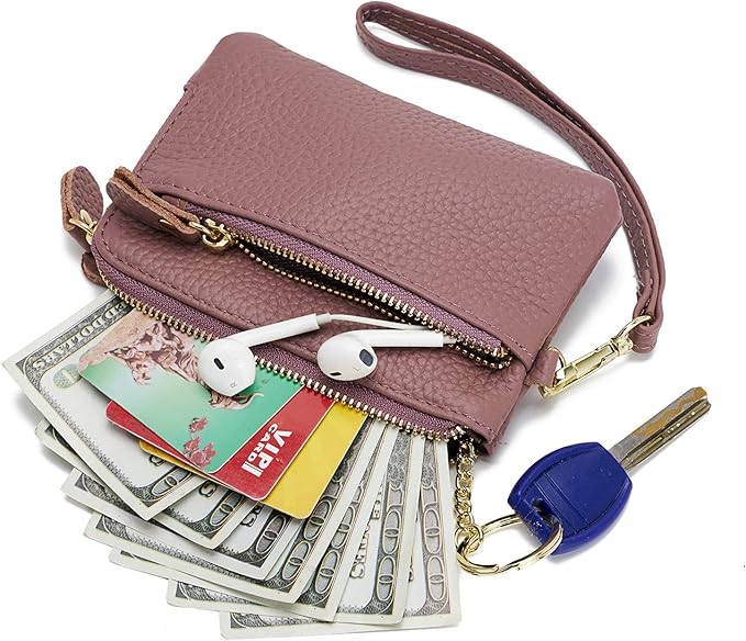 Genuine Leather Coin Purse for Women with Large Opening & Wrist Strap Navy (Purple)
