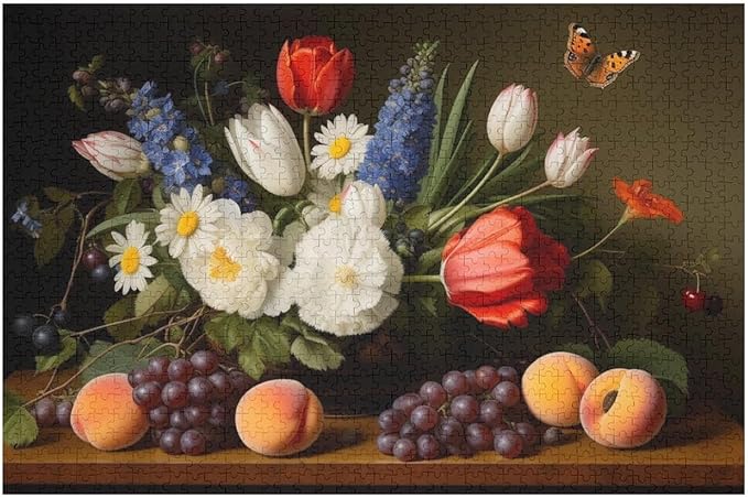 Wooden Puzzle - Vase Flower Grapes Peaches Wooden Puzzles for Adults 1000 Pieces Challenge Puzzles，Educational Games，Family Puzzles，Unique Gifts for Wall Art ，Funny Puzzles