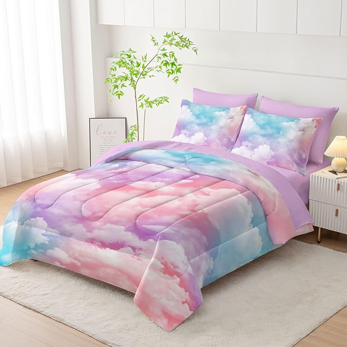 7Pcs Comforter Set Colorful Clouds Printed Bedding Set with 1 Comforter, 1 Flat Sheet, 1 Fitted Sheet and 4 Pillowcases for Boys and Girls Bedroom All Season(Queen)