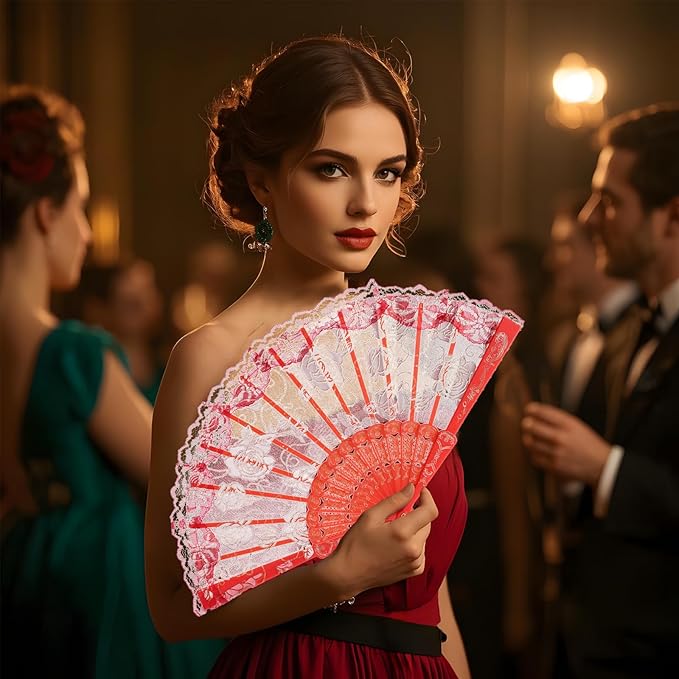 QIRMIZI 10 Pcs Rose Lace Folding Fans,Silk Folding Hand Fans, Perfect for Weddings, Parties, and Dancing,Red