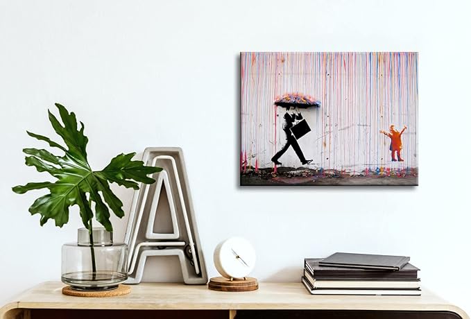 Wieco Art Banksy Raining Day or Colorful Graffiti Street Famous Canvas Paintings Wall Art Modern Inspirational Grey Love Pictures Print Artwork for Dining Room Kitchen Home Office Decor