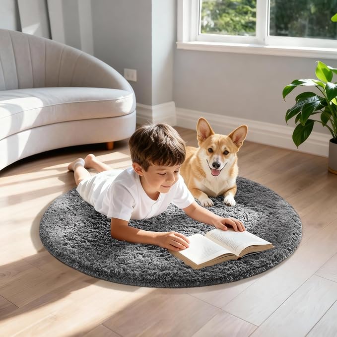 Ophanie Soft Fluffy Shaggy Rugs for Bedroom Living Room Dorm Nursery Home Decor Aesthetic,Color Grey, Size 2' Round