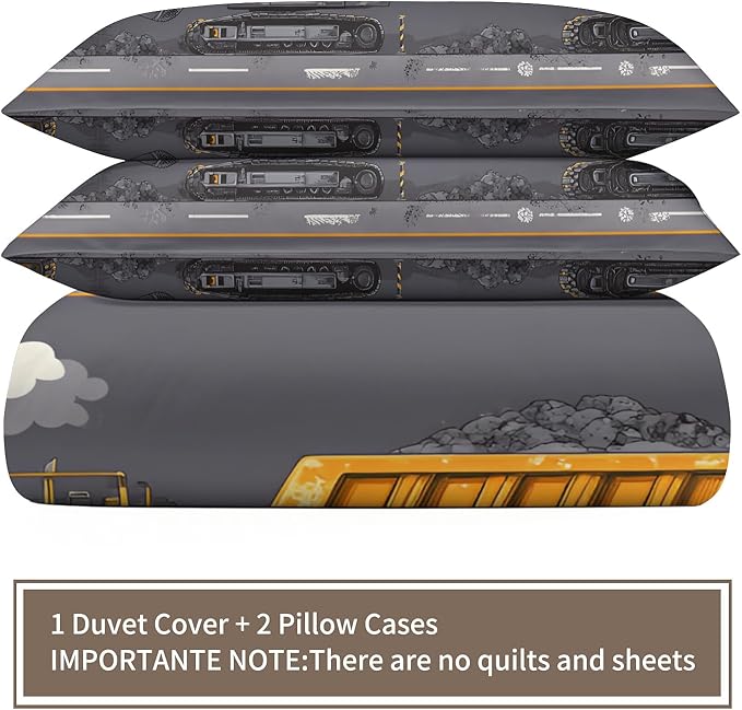 Construction Vehicles Bedding Set Queen Size Excavator Dump Truck Duvet Cover Industrial Style Comforter Cover Machinery Car Bed Set Soft Microfiber for Bedroom
