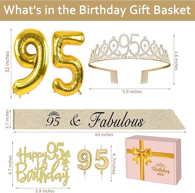 95th Birthday Decorations for Women Gold with 95th Birthday Sash and Tiara, Cake Topper and Candles, Number Balloons, 95 Year Old Gifts for Women