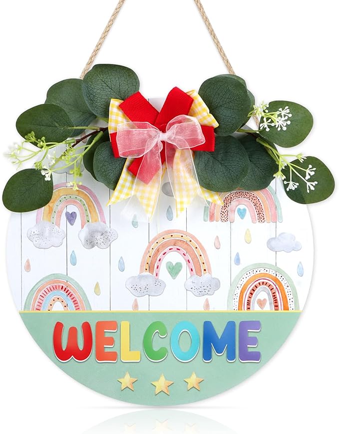 CHDITB Rainbow Welcome Sign, Wreath Wood Hanging Plaque, Welcome Door Sign, Raindrop Wreath Round Wall Art Sign Hanger Classroom Wall Decor for Nursery Kid Room Playroom Decor-14.9x14.9 inch