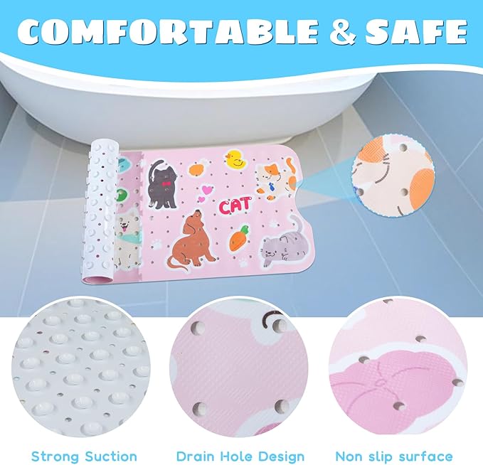 Baby Bath Mat for Tub Non Slip Kids Bathtub Mat Extra Long 40X16 Inch Toddler Bath Tub Shower Mat Anti Slip with Suction Cups & Drain Holes, Machine Washable (Cat Dog)
