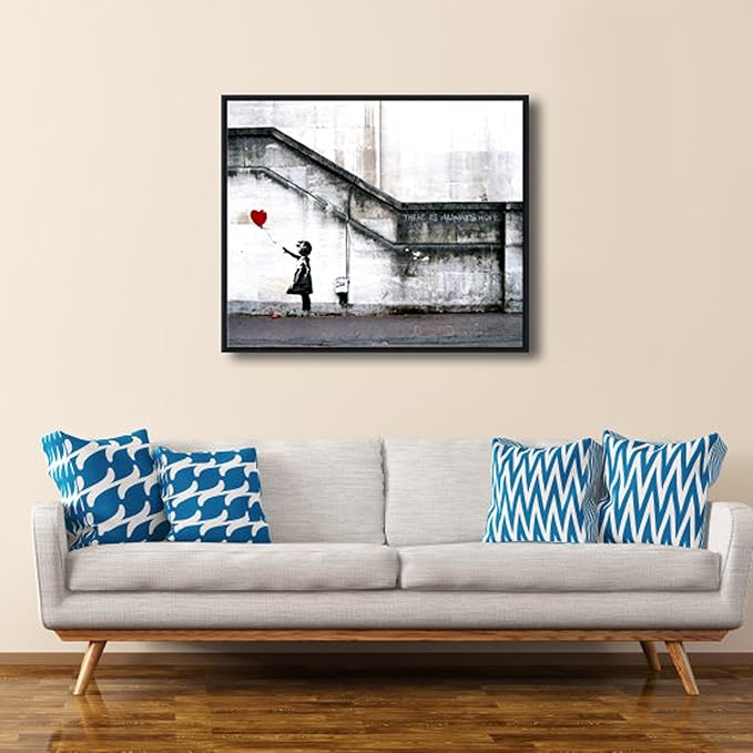 Wieco Art Framed Canvas Wall Art Giclee Canvas Prints of Banksy Grafitti Girl with Red Balloon Abstract Artwork for Wall Decor Home Decorations Black Frame