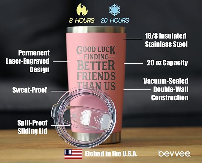 Good Luck Finding Better Friends Than Us - Insulated Coffee Tumbler Cup with Sliding Lid - Stainless Steel Insulated Mug - Funny Farewell Gift For Best Friend Moving Away - Pink