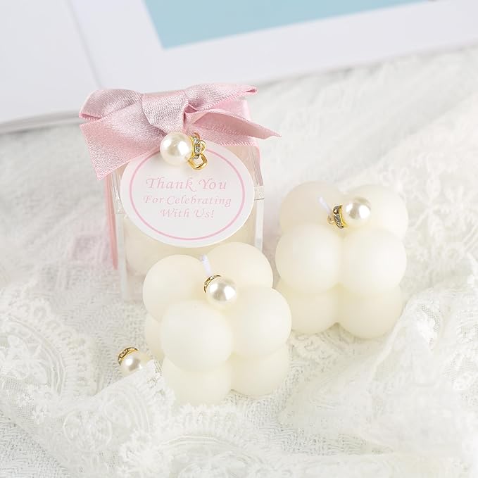 ACITHGL 30 Sets Small Bubble Candle Wedding Candles Favors for Guests Bulk Bridal Shower Favors Candles with Stylish Ribbons Thank You Cards Gifts (Shimmering Pink)
