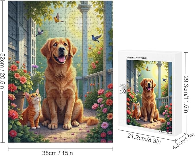 Wooden Puzzle - Garden Golden Retriever Jigsaw Puzzles，Wooden Puzzles for Adults 500 Pieces Challenge Puzzles，Educational Games，Family Puzzles，Unique Gifts for Wall Art