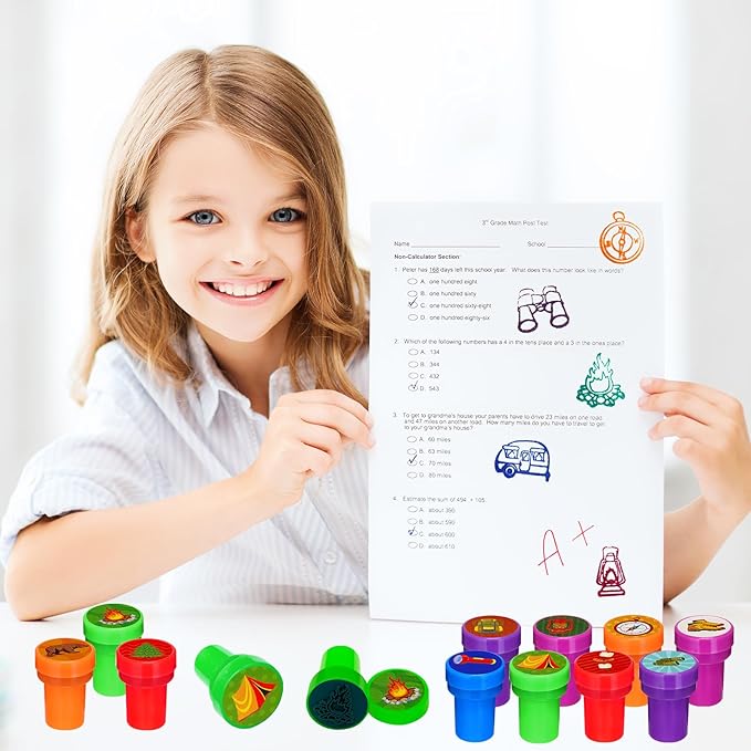 Cinrobiye 24 Pcs Happy Camper Stampers for Boys Girls, Camping Adventure Birthday Party Supplies Favors, Classroom Rewards, Carnival Prizes, Goodie Bag Pinata Fillers for Campfire Tent Hiking Party