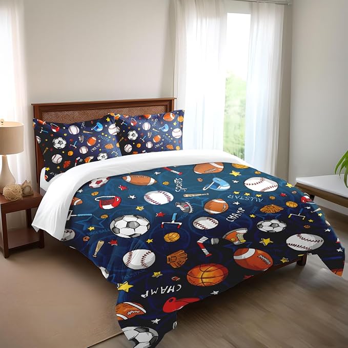 Sports Comforter Sets Bed in A Bag Queen Size,3D Soccer Basketball Baseball Football Theme Quilt Set for Kids Boys Children Fans Bedding Decorative