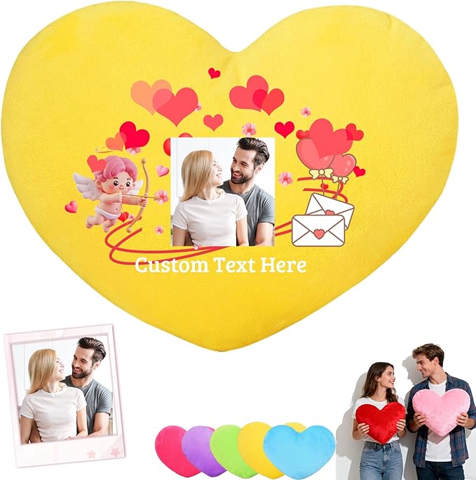Custom Heart Pillow with Insert, Personalized Heart Shaped Pillow with Photo Text as Valentine Pillows for Girlfriend Boyfriend Home Decor Personalized Gifts for Valentines Day Anniversary