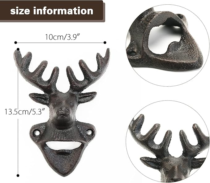 Sungmor Wall Mounted Bottle Opener, Cast Iron Cool Deer Head Bottle Opener, Beer Coke Beverage Bottle Cap Opener, Vintage Rustic Style Wall Hanging Opener, Bar Farmhouse Wall Ornament, Practical Gift