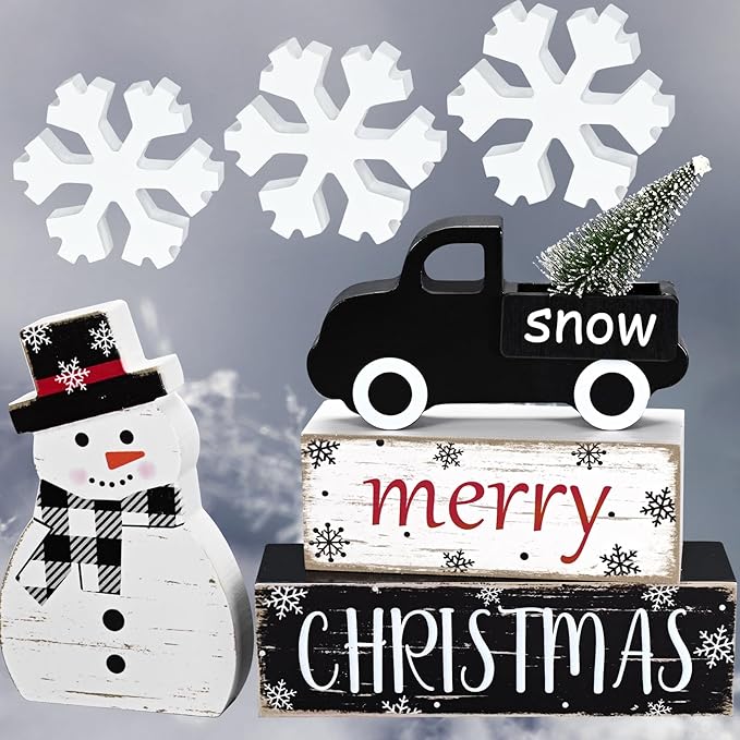 Yinhua Christmas Decorations Indoor, Christmas Table Decor, Black Truck Snowman Decorations with Xmas Tree & Snowflakes, Farmhouse Wooden Block Sign, Xmas Mantel Decor for Tiered Tray, Desk, Bookshelf