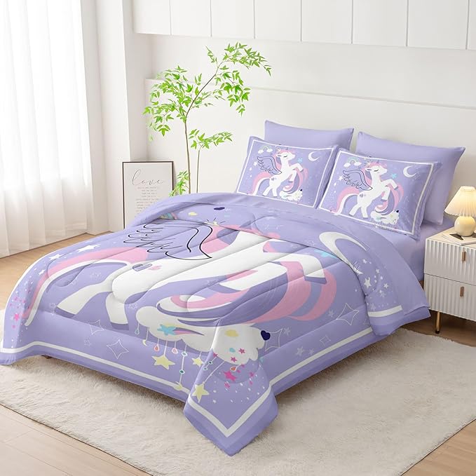 7Pcs Comforter Set Cartoon Purple Unicorn Printed Bedding Set with 1 Comforter,1 Flat Sheet,1 Fitted Sheet and 4 Pillowcases for Boys and Girls Bedroom All Season(Full)