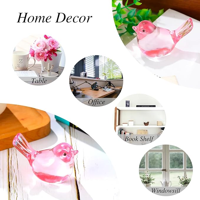 Crystal Pink Birds Figurines, Handmade Glass Birds Collectible Figurines Paperweights Blown Crystal Bird Decor Gifts for Bird Lovers Women Mom Friends (Pink)