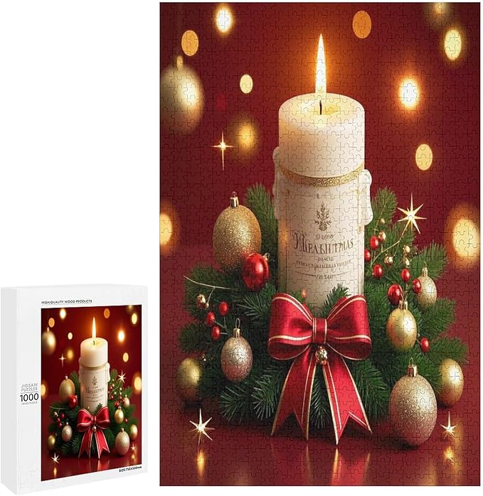 Christmas Atmosphere Candle Light, Merry Christmas Wooden Puzzle 1000 Pieces Jigsaw Puzzles for Adults Puzzle Educational Toys Challenging Fun Games Gifts for Elders Kids Family and Friends