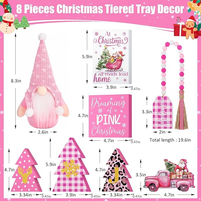 Pink Christmas Tiered Tray Decor 8 PCS Xmas Decorations Indoor - Believe Christmas Wooden Signs & Pink Xmas Gnome Plush Set - Table Decor Tier for Home Kitchen Mantel